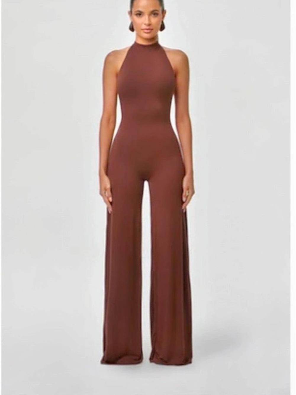 Naked Wardrobe Smooth Halter Wide Leg Jumpsuit Brown